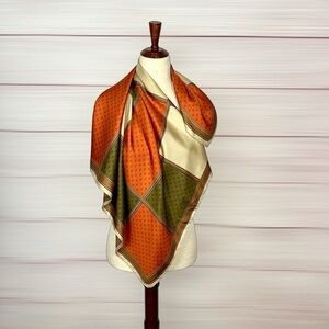 Vintage Daniel La Foret Twill Silk Scarf Geometric Patchwork Orange Green Cream